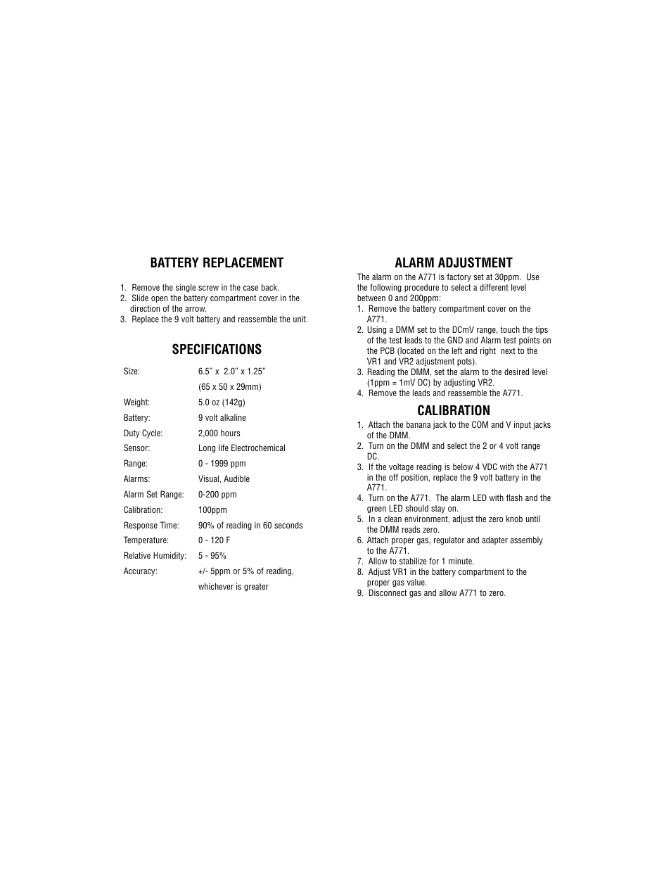 Battery replacement, Specifications, Alarm adjustment | Calibration | Test Products International A771 User Manual | Page 4 / 5