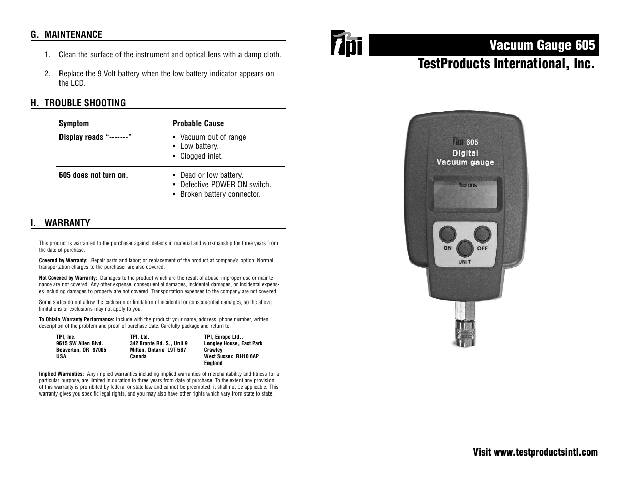 The value leader, Vacuum gauge 605 testproducts international, inc | Test Products International 605 User Manual | Page 4 / 4