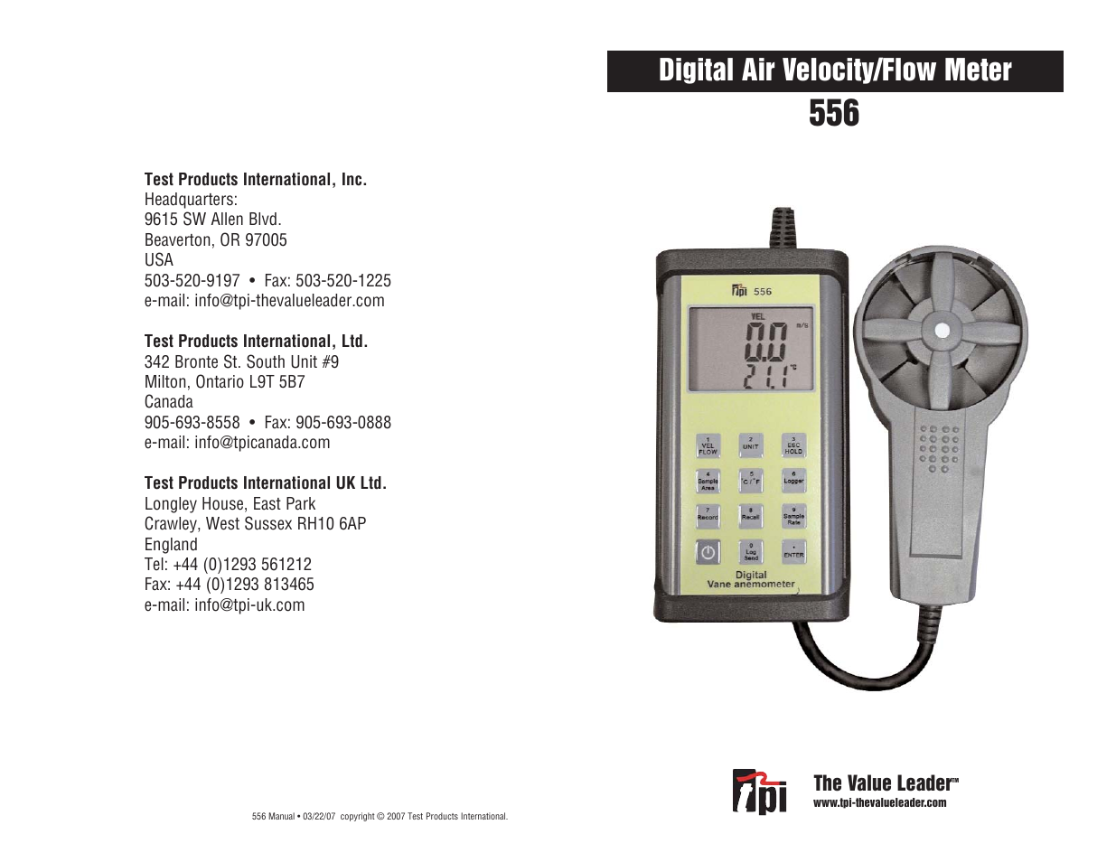 Digital air velocity/flow meter | Test Products International 556C1 User Manual | Page 12 / 12