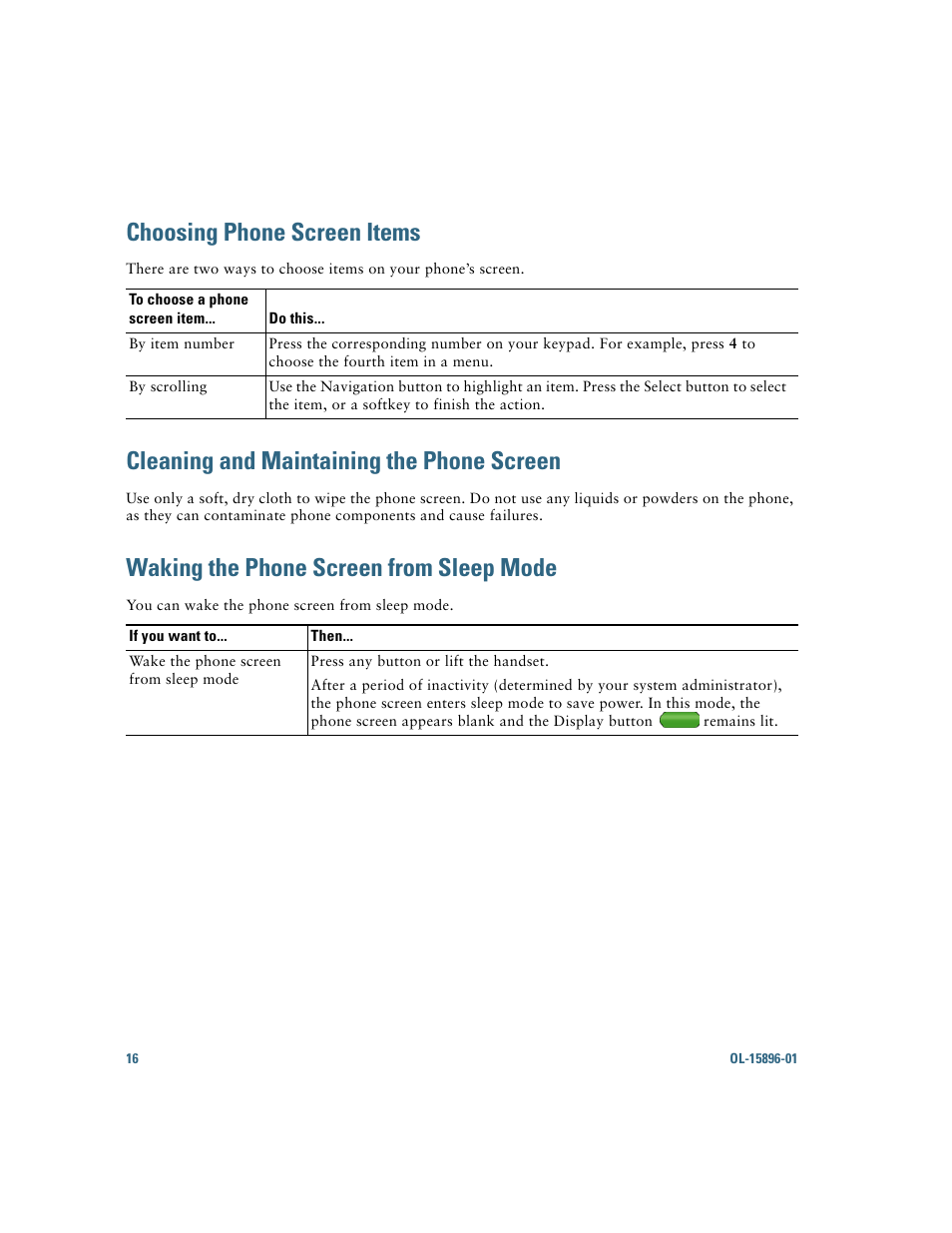 Choosing phone screen items, Cleaning and maintaining the phone screen, Waking the phone screen from sleep mode | Cisco IP Phone 7945G User Manual | Page 24 / 104