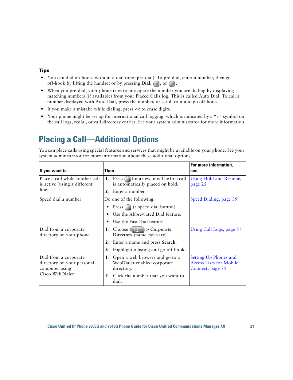 Placing a call-additional options, Placing a call—additional options | Cisco IP Phone 7945G User Manual | Page 29 / 104