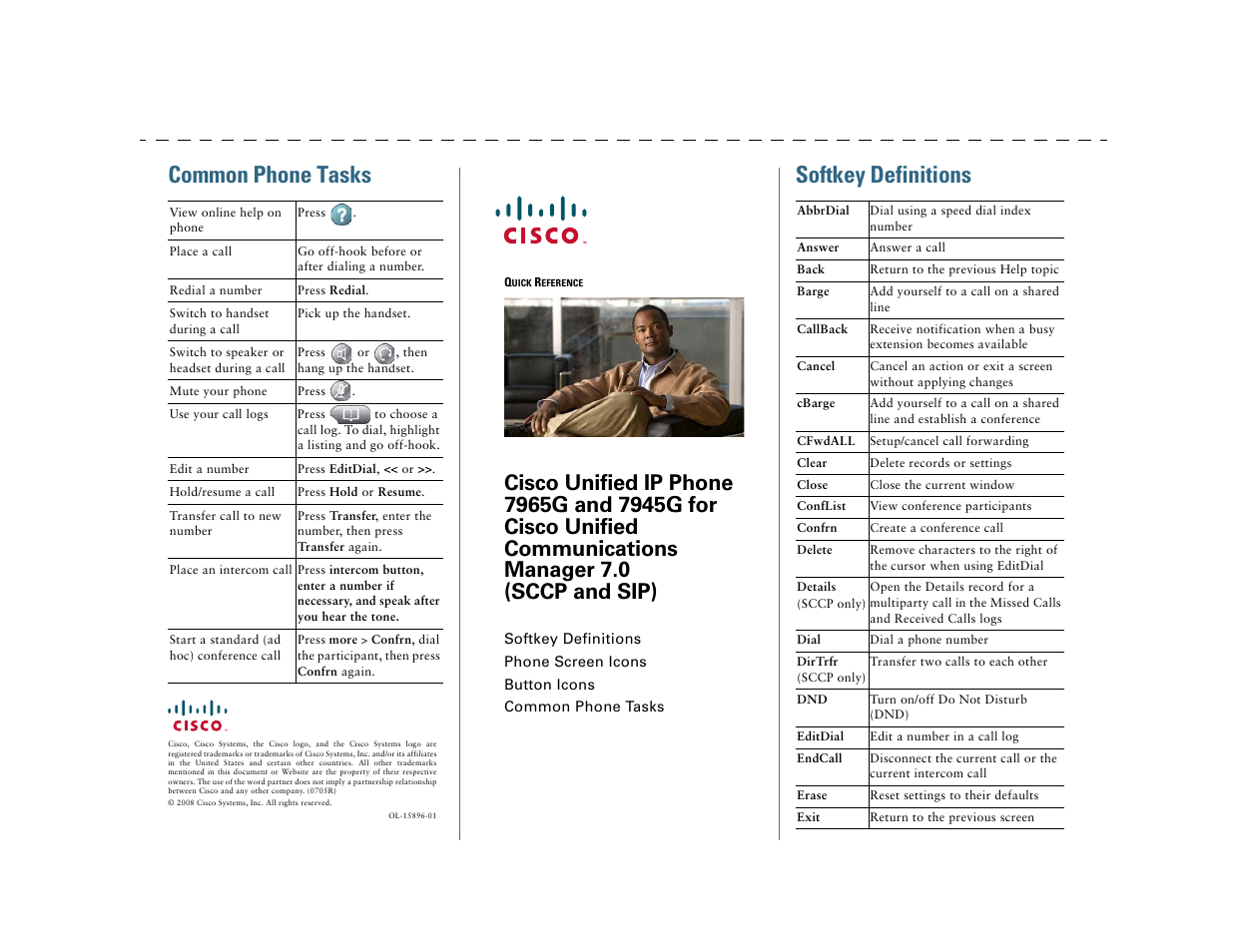 Common phone tasks, Quick reference, Softkey definitions | Cisco IP Phone 7945G User Manual | Page 3 / 104