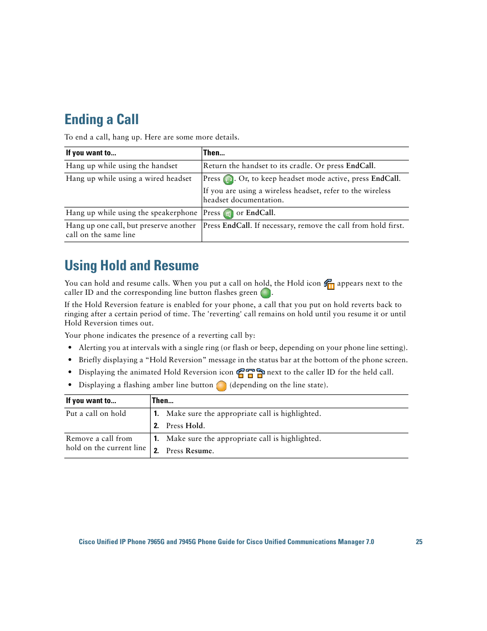 Ending a call, Using hold and resume, Using hold and | Cisco IP Phone 7945G User Manual | Page 33 / 104