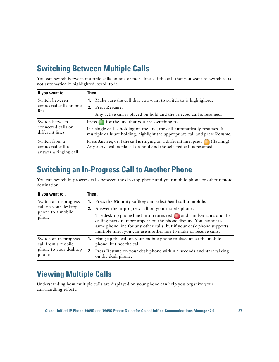 Switching between multiple calls, Switching an in-progress call to another phone, Viewing multiple calls | Cisco IP Phone 7945G User Manual | Page 35 / 104