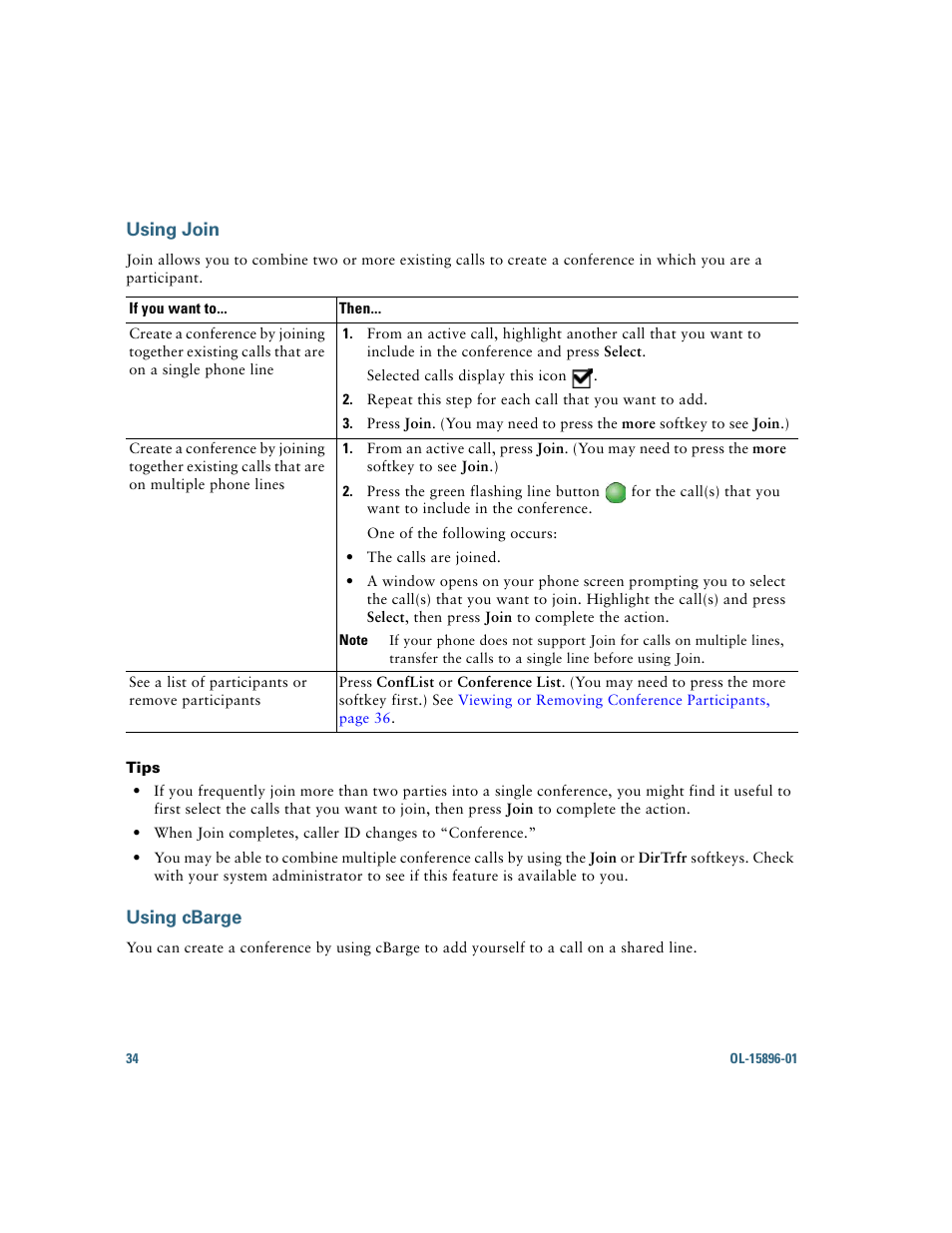 Using join, Using cbarge | Cisco IP Phone 7945G User Manual | Page 42 / 104