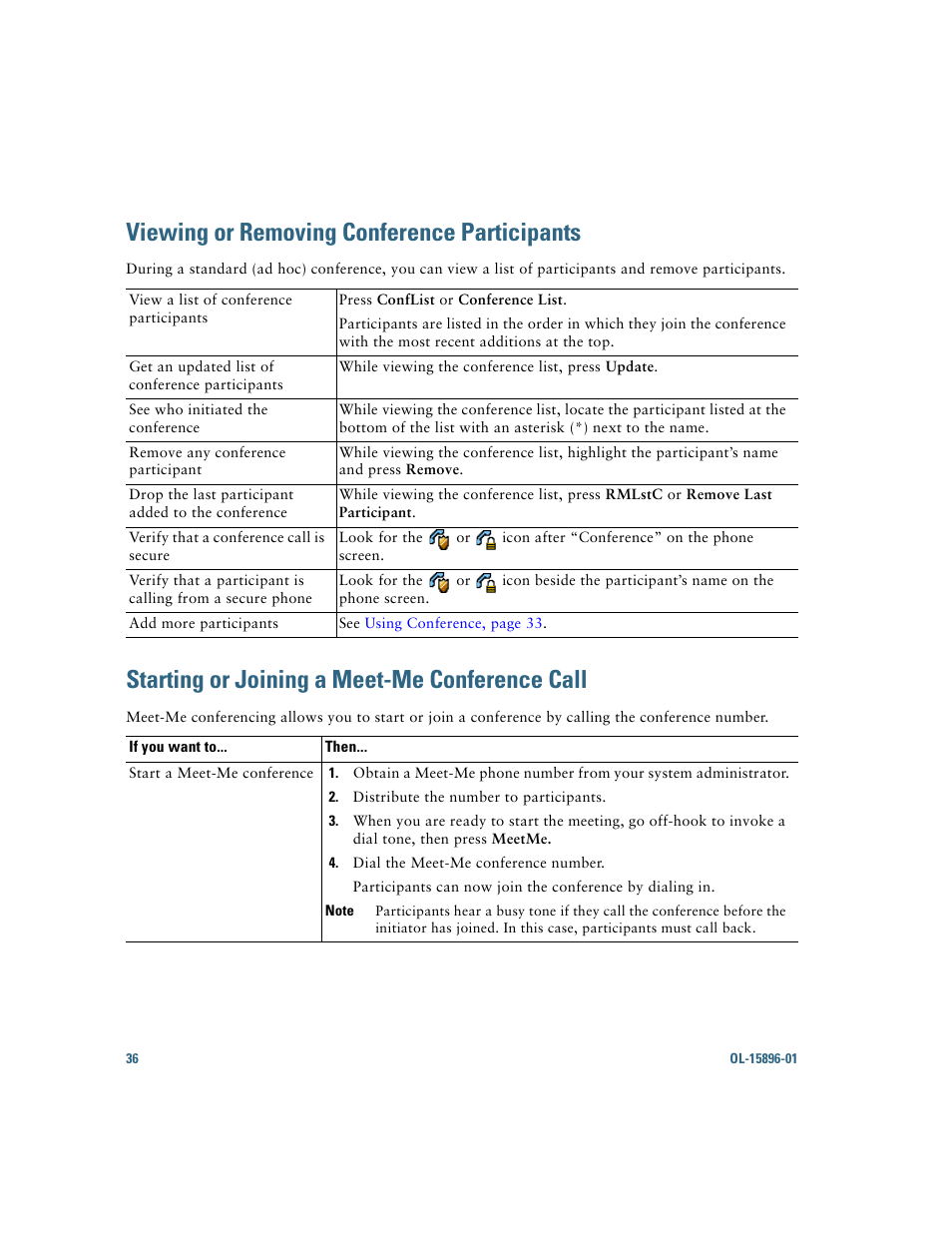 Viewing or removing conference participants, Starting or joining a meet-me conference call | Cisco IP Phone 7945G User Manual | Page 44 / 104