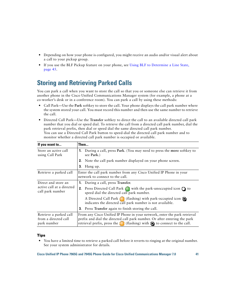 Storing and retrieving parked calls | Cisco IP Phone 7945G User Manual | Page 49 / 104