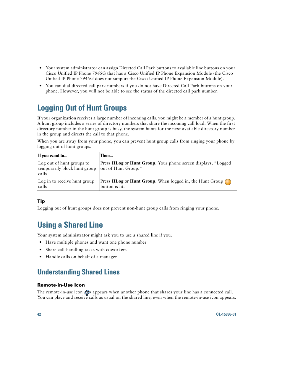 Logging out of hunt groups, Using a shared line, Understanding shared lines | Using | Cisco IP Phone 7945G User Manual | Page 50 / 104