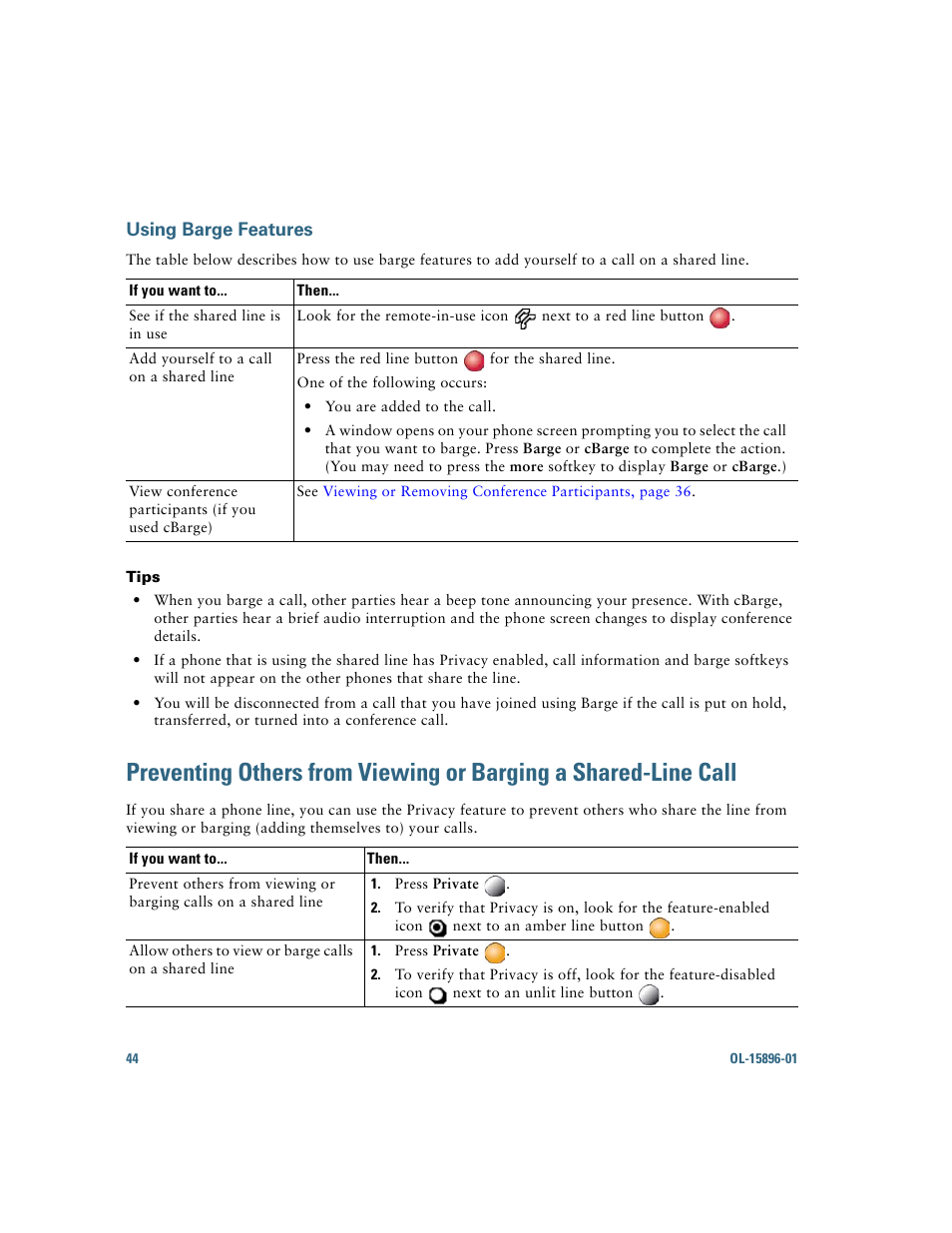 Using barge features, Preventing others from viewing | Cisco IP Phone 7945G User Manual | Page 52 / 104