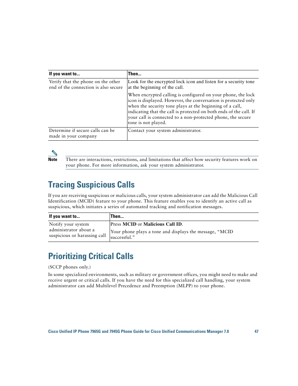 Tracing suspicious calls, Prioritizing critical calls | Cisco IP Phone 7945G User Manual | Page 55 / 104