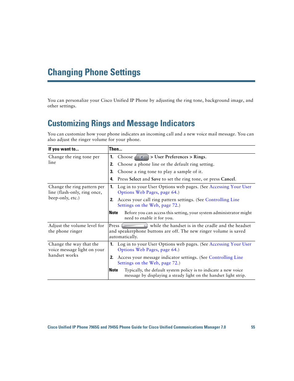 Changing phone settings, Customizing rings and message indicators | Cisco IP Phone 7945G User Manual | Page 63 / 104