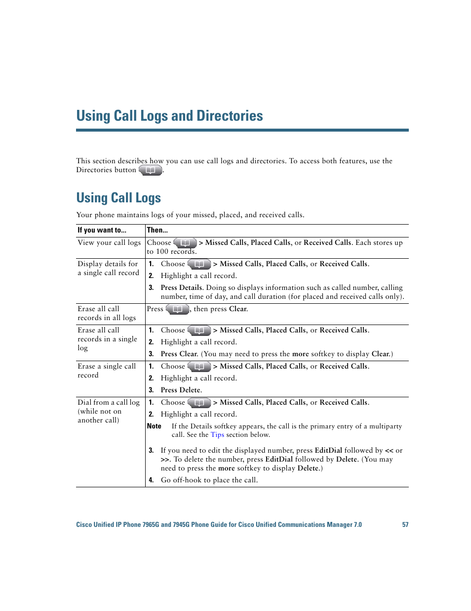 Using call logs and directories, Using call logs | Cisco IP Phone 7945G User Manual | Page 65 / 104