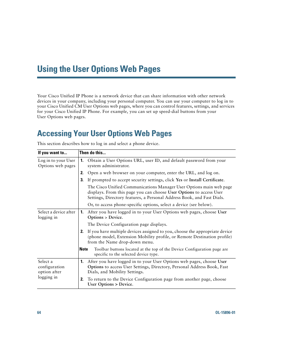 Accessing, Accessing your user, Using the user options web pages | Accessing your user options web pages | Cisco IP Phone 7945G User Manual | Page 72 / 104