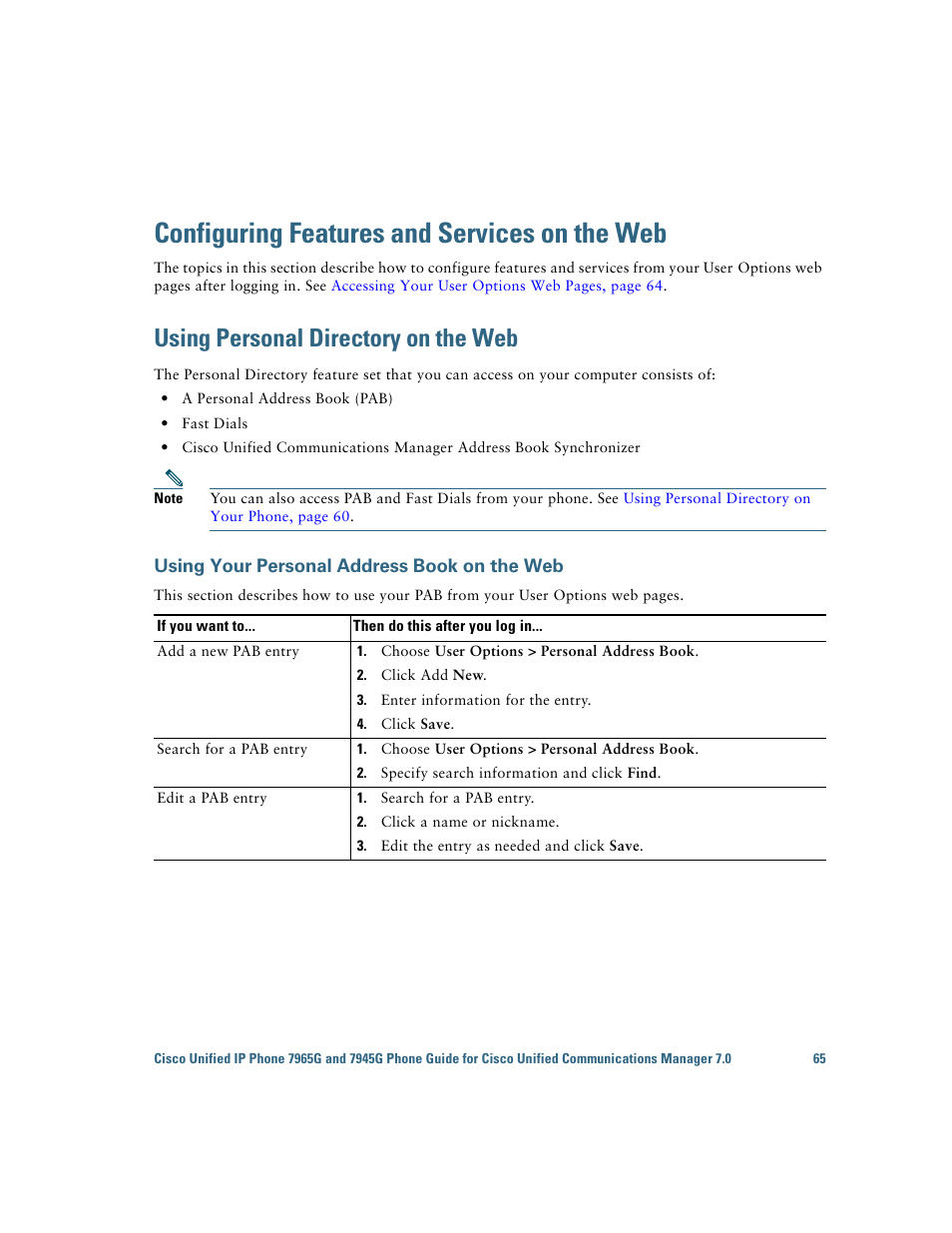 Configuring features and services on the web, Using personal directory on the web, Using your personal address book on the web | Using | Cisco IP Phone 7945G User Manual | Page 73 / 104