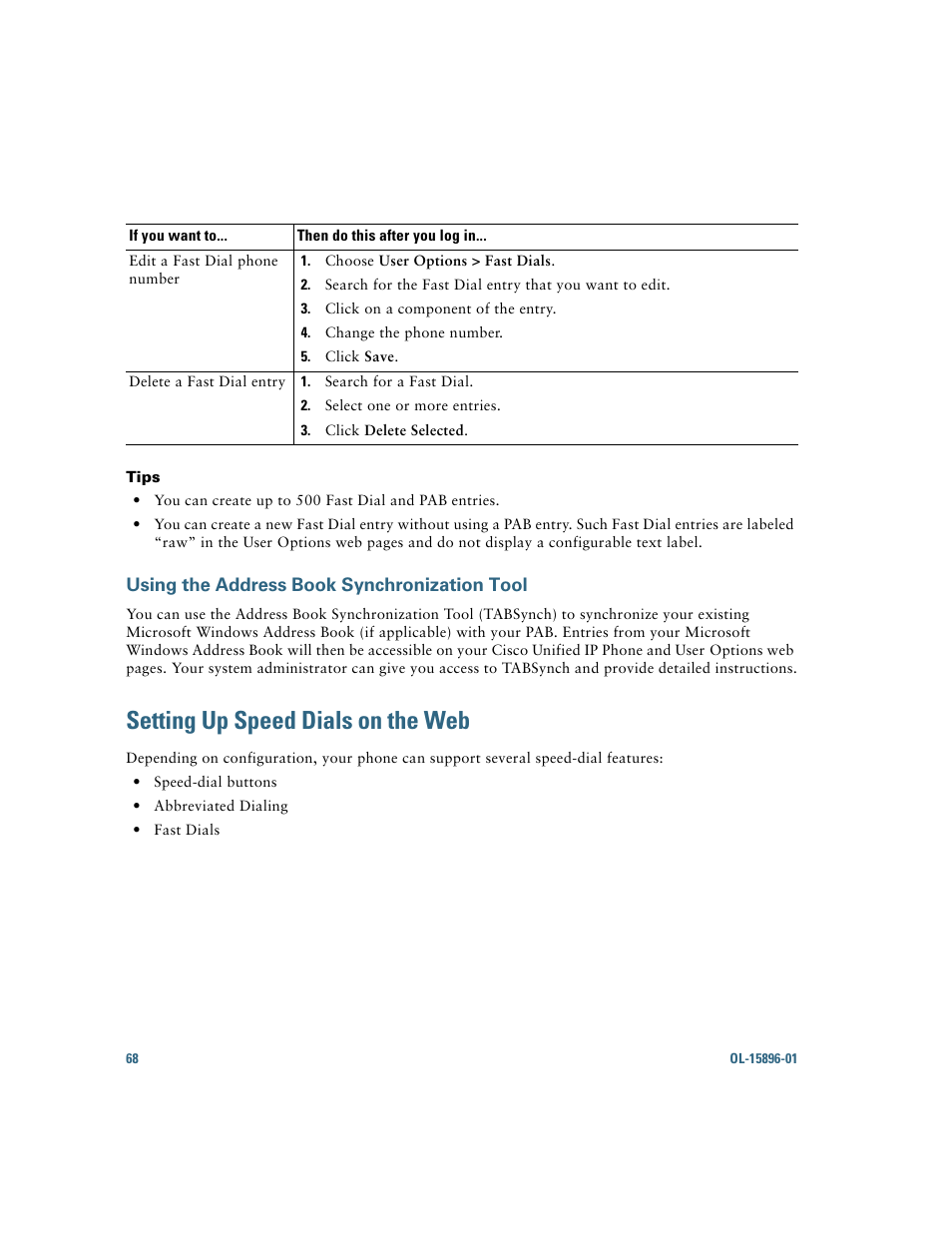 Using the address book synchronization tool, Setting up speed dials on the web | Cisco IP Phone 7945G User Manual | Page 76 / 104