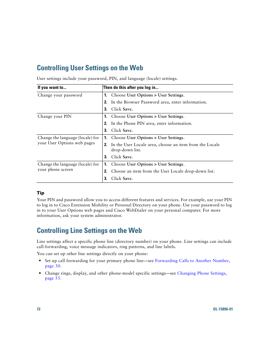 Controlling user settings on the web, Controlling line settings on the web, Controlling line | Controlling line settings on the | Cisco IP Phone 7945G User Manual | Page 80 / 104
