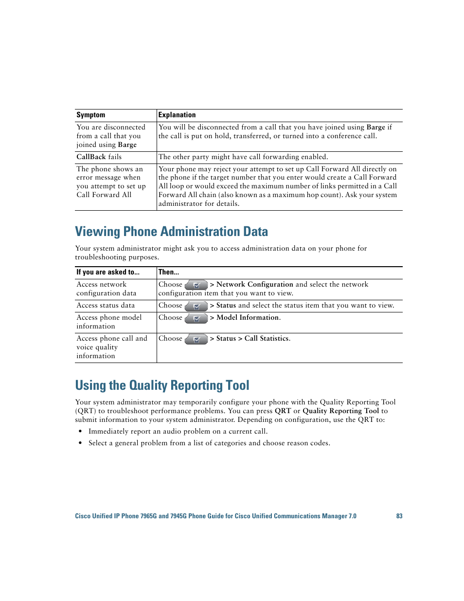 Viewing phone administration data, Using the quality reporting tool | Cisco IP Phone 7945G User Manual | Page 91 / 104