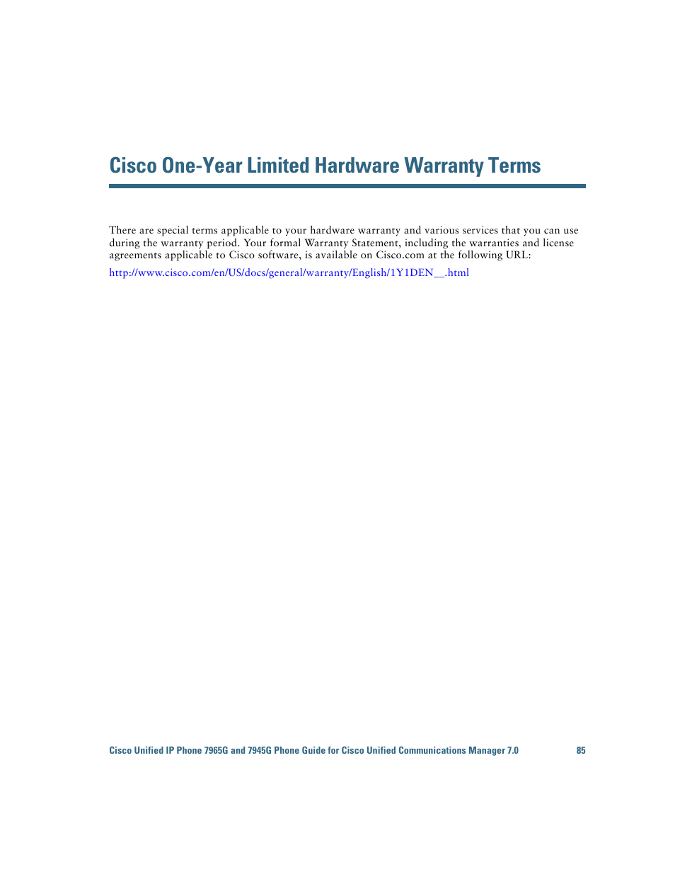 Cisco one-year limited hardware warranty terms | Cisco IP Phone 7945G User Manual | Page 93 / 104