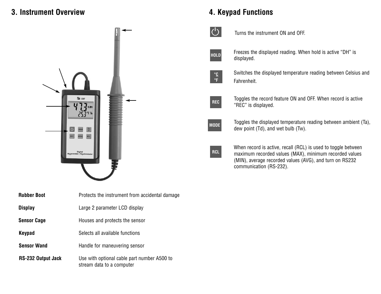 Keypad functions, Instrument overview | Test Products International 597C1 User Manual | Page 5 / 12