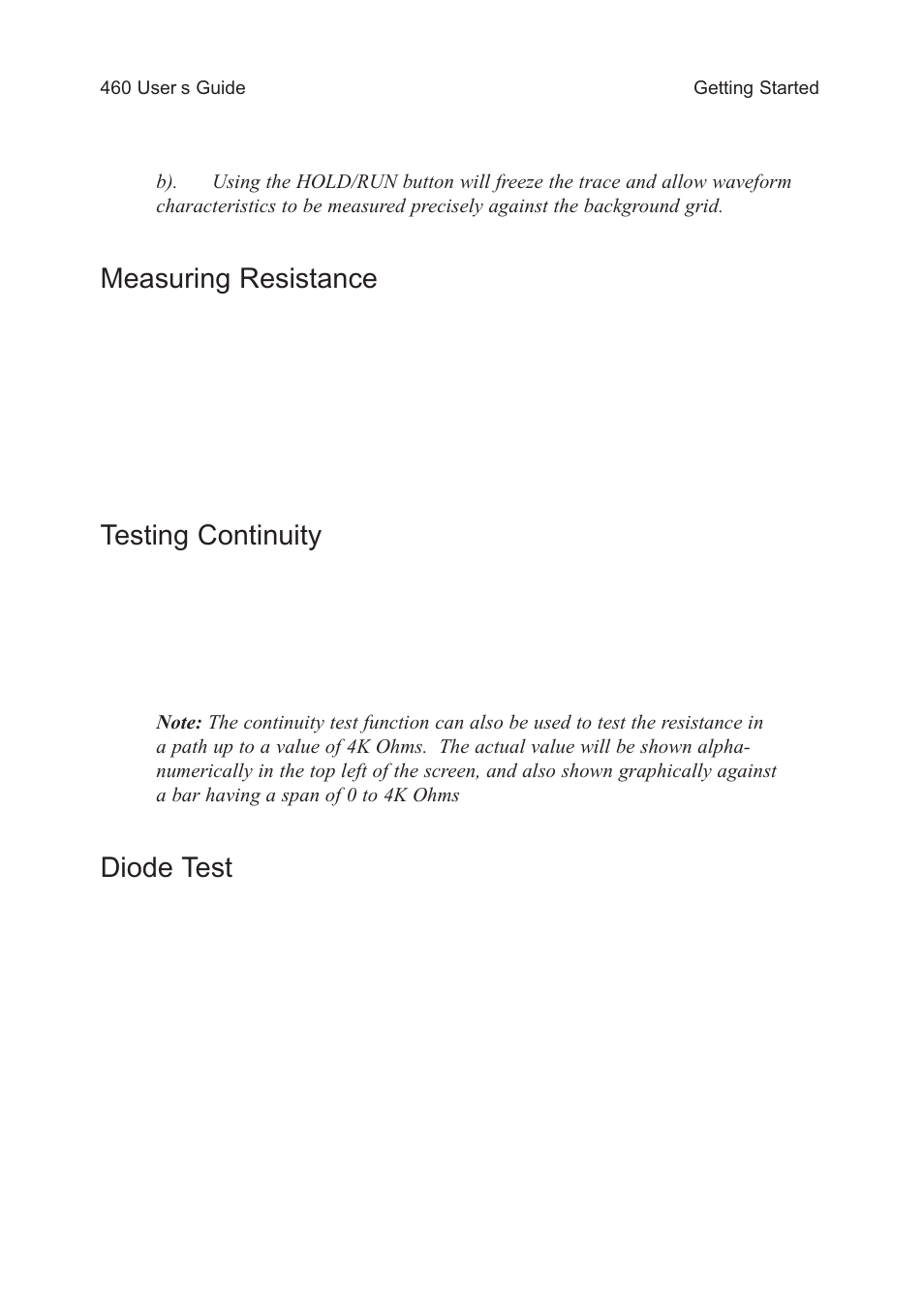 Measuring resistance, Testing continuity, Diode test | Test Products International 460 User Manual | Page 14 / 65