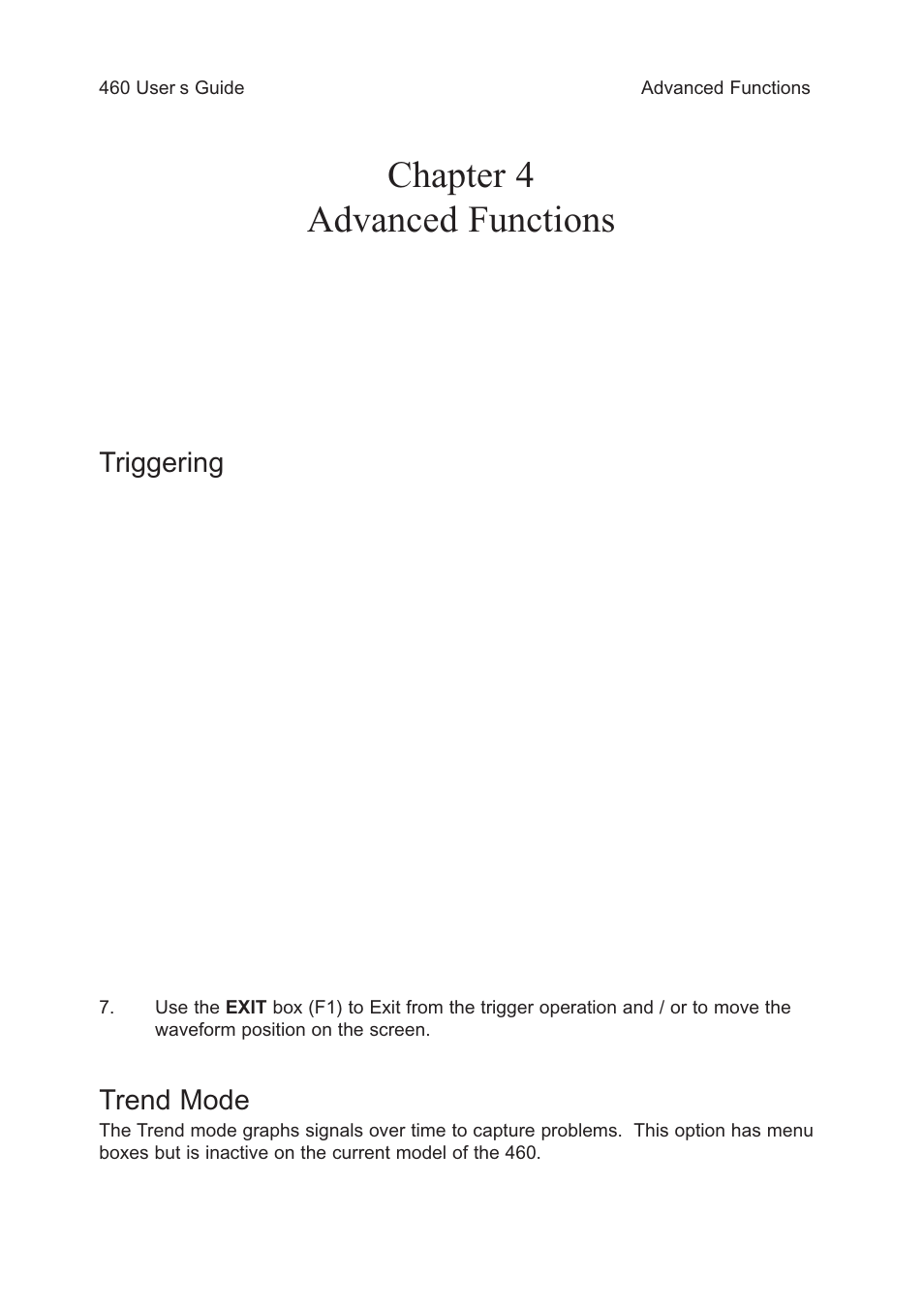 Chapter 4 advanced functions, Triggering, Trend mode | Test Products International 460 User Manual | Page 21 / 65