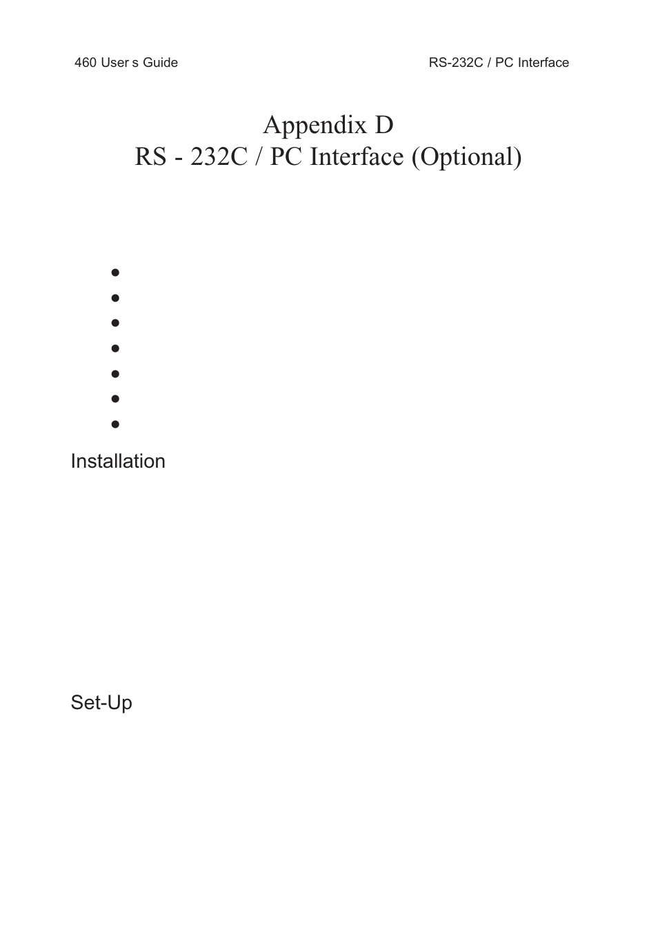 Appendix d rs - 232c / pc interface (optional), Installation, Set-up | Test Products International 460 User Manual | Page 53 / 65