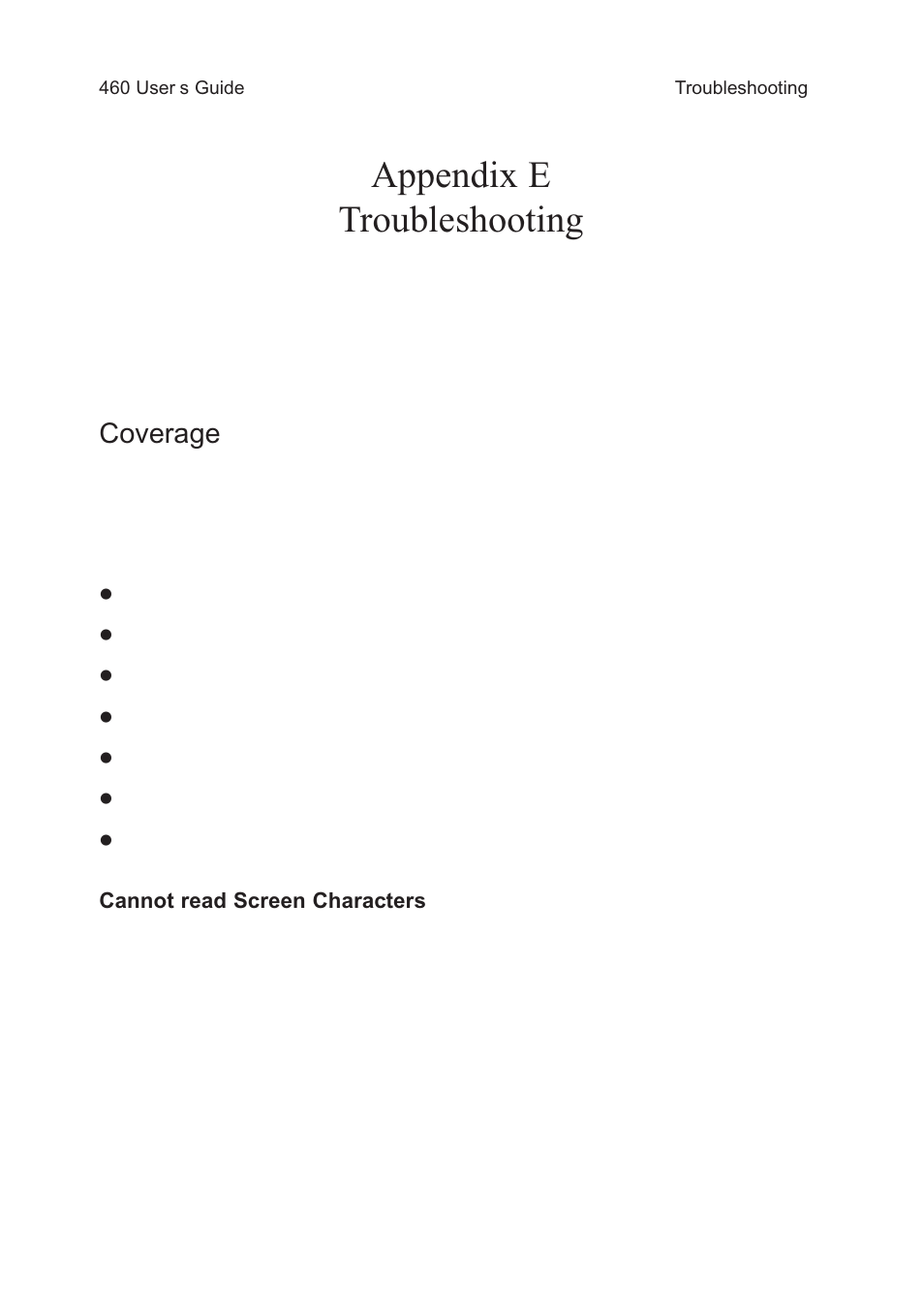 Appendix e troubleshooting, Coverage | Test Products International 460 User Manual | Page 61 / 65