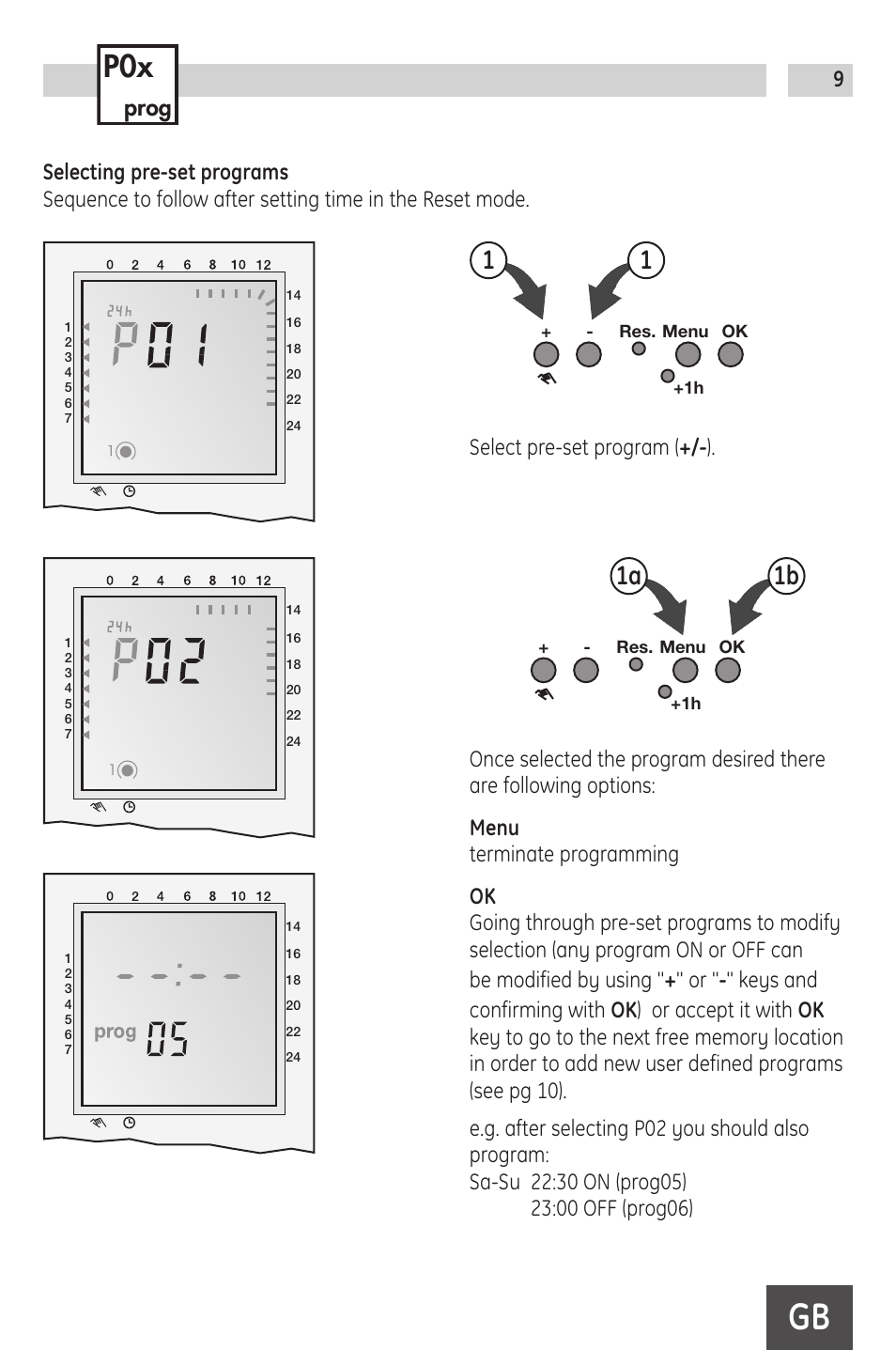 1a 1b, Select pre-set program ( +/- ) | TFC Group Grasslin SB-Digi+ 24/7 Digital Socket Box Timeswitch User Manual | Page 9 / 16