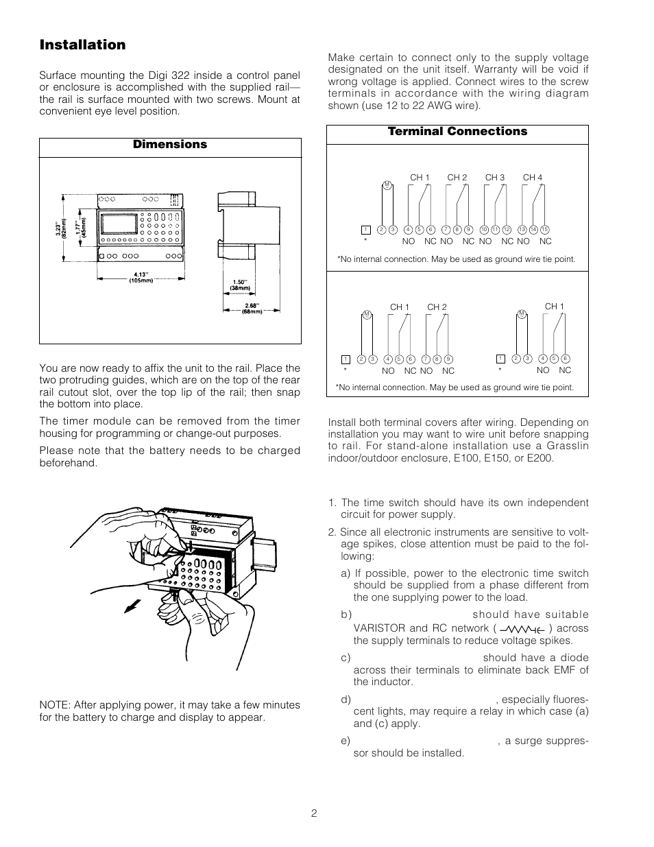 Installation, Dimensions terminal connections | TFC Group V86/1,2,3,4 Digi 322 User Manual | Page 2 / 8