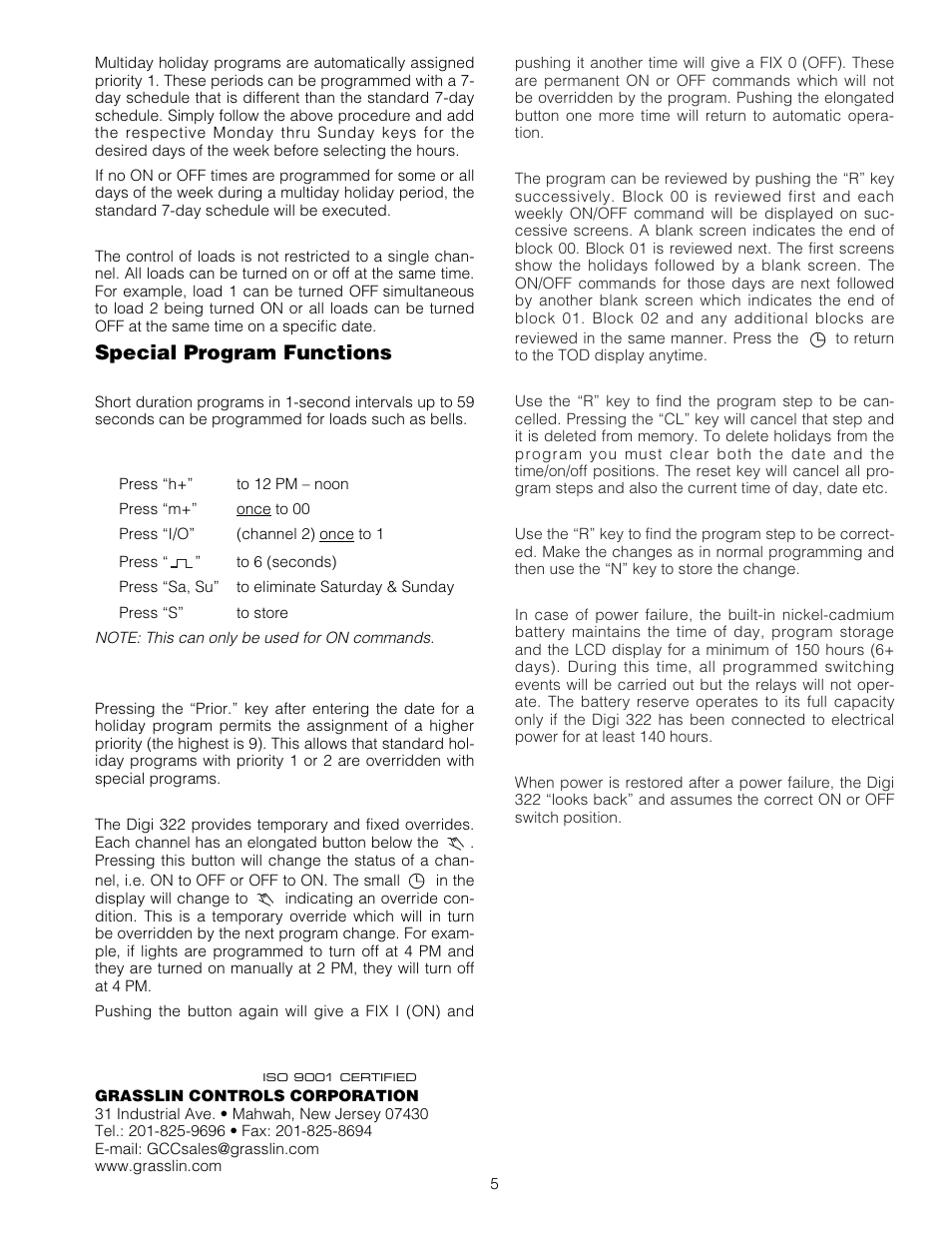 Special program functions | TFC Group V86/1,2,3,4 Digi 322 User Manual | Page 5 / 8