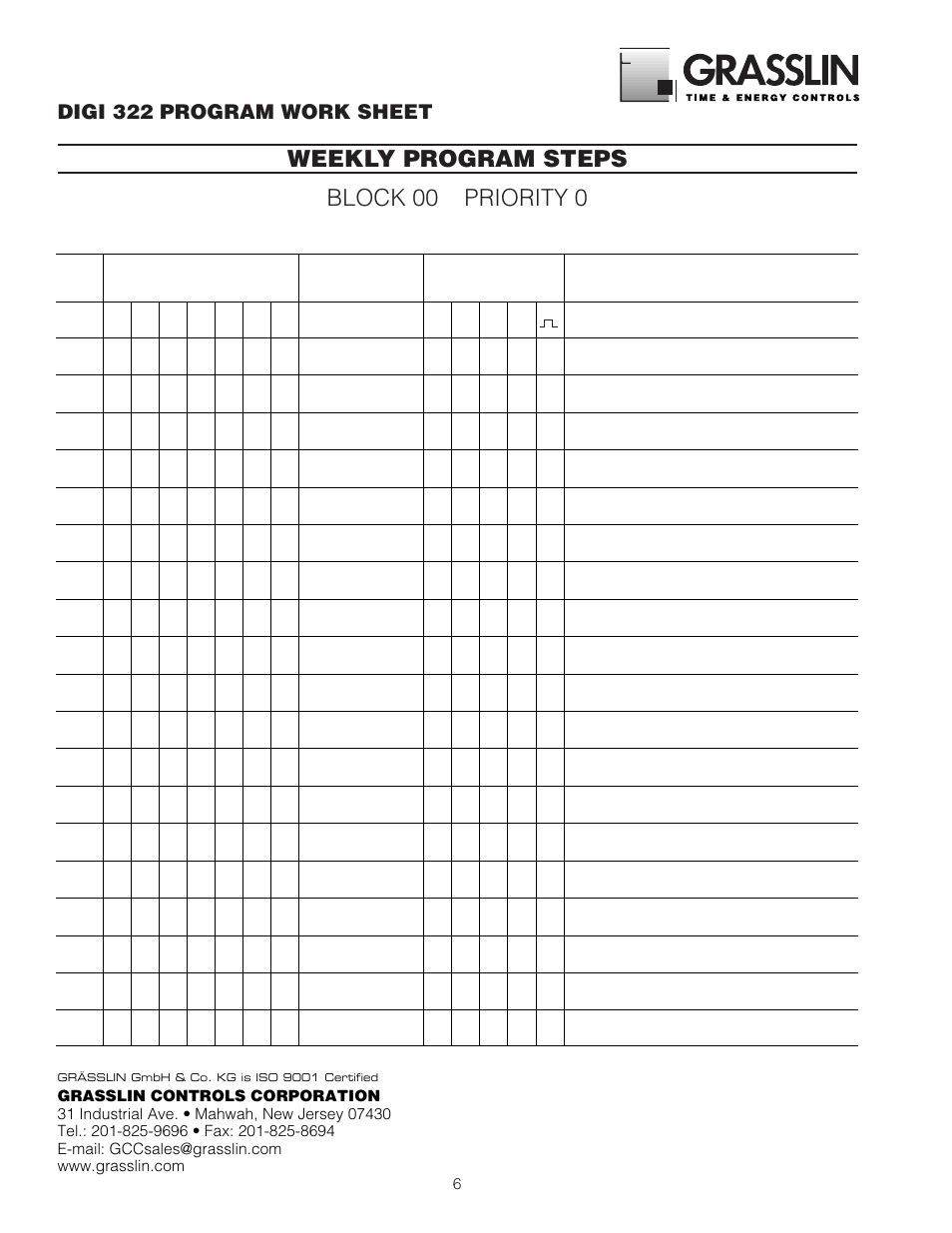 Weekly program steps block 00 priority 0, Digi 322 program work sheet | TFC Group V86/1,2,3,4 Digi 322 User Manual | Page 6 / 8