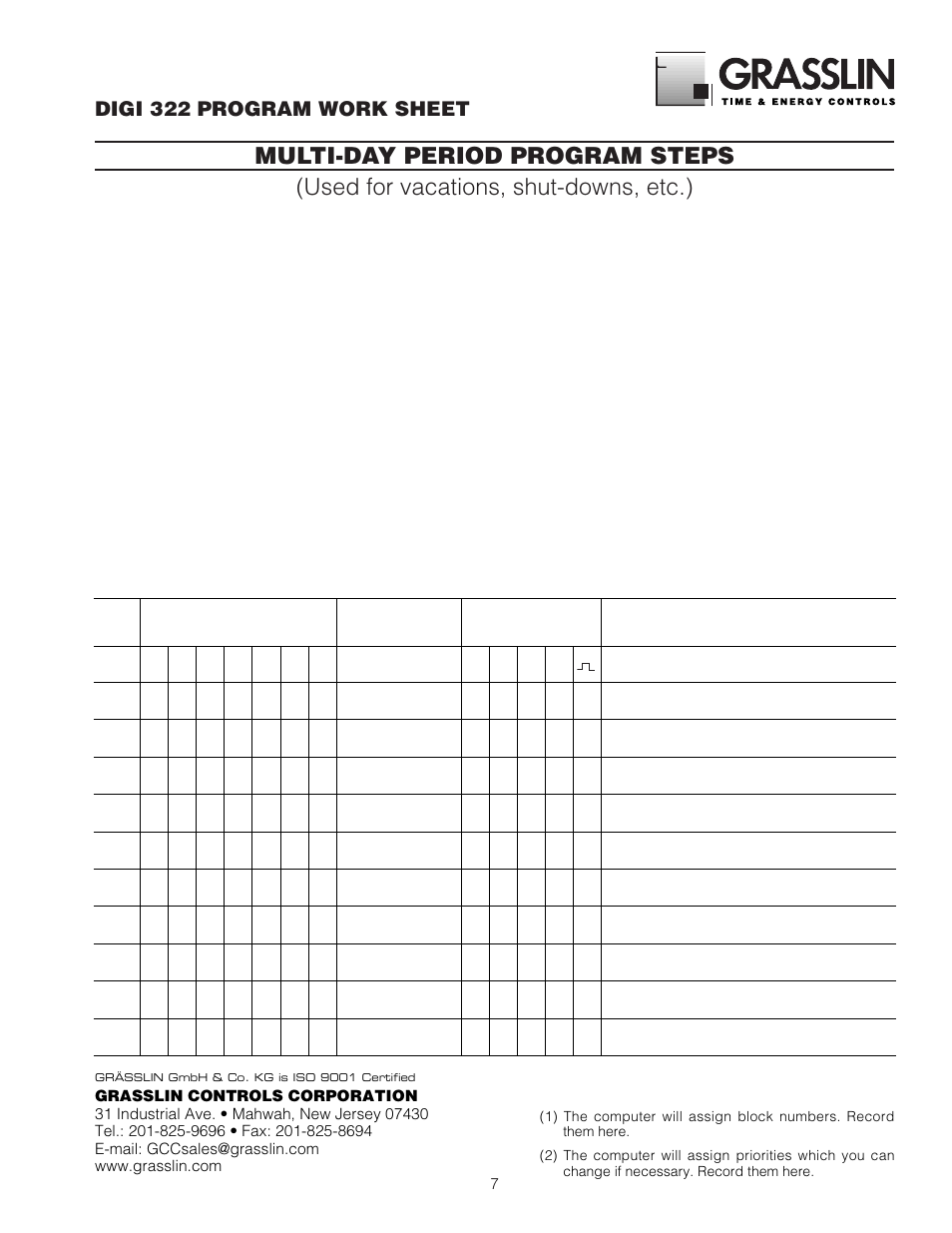 Digi 322 program work sheet | TFC Group V86/1,2,3,4 Digi 322 User Manual | Page 7 / 8