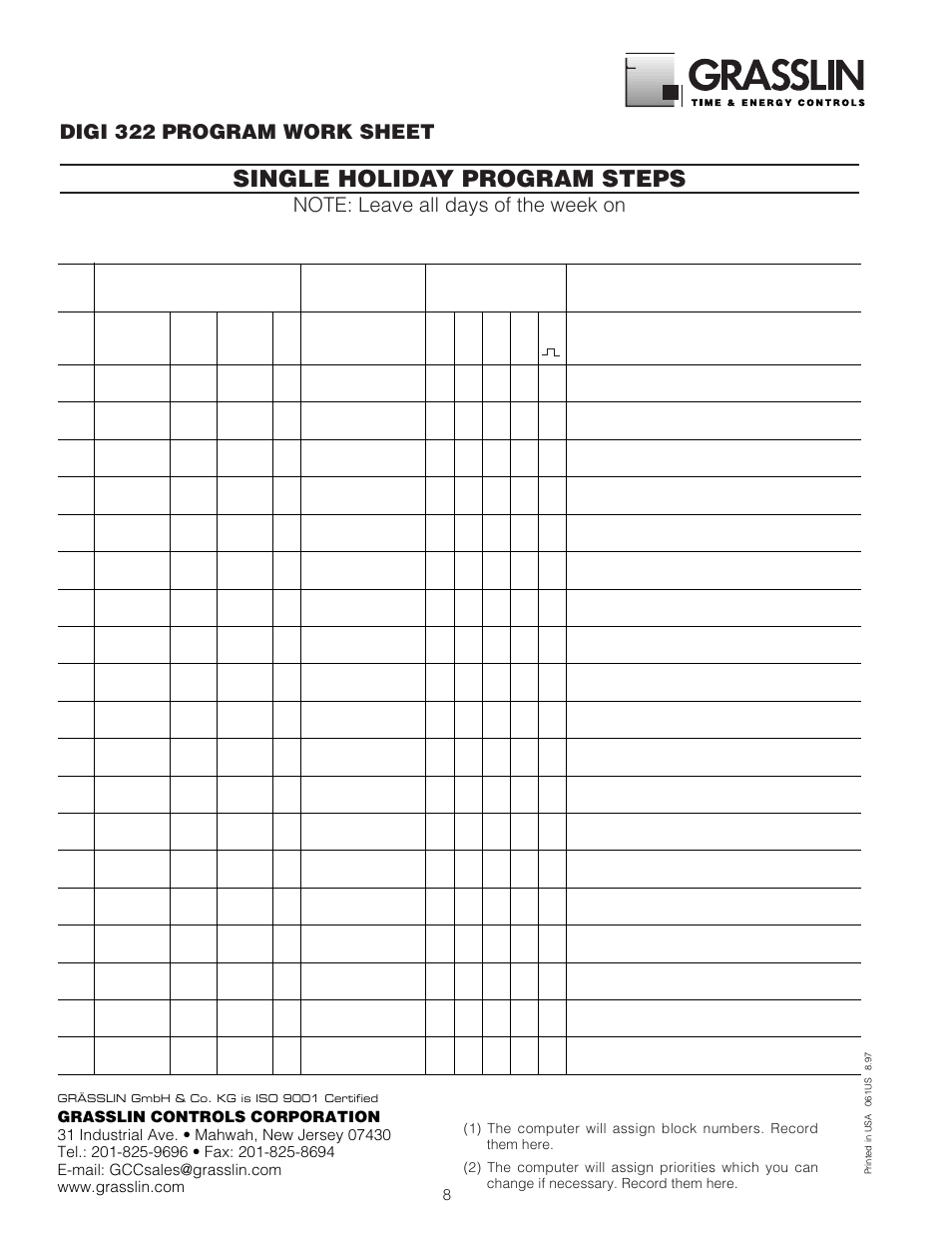Single holiday program steps, Digi 322 program work sheet | TFC Group V86/1,2,3,4 Digi 322 User Manual | Page 8 / 8