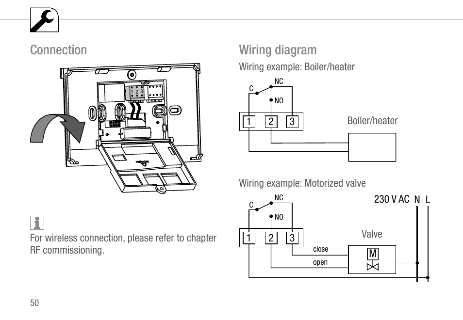 Connection, Wiring diagram | TFC Group Feeling RF Room Thermostat User Manual | Page 10 / 42