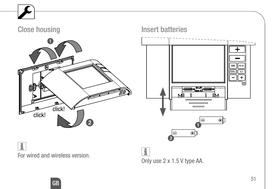 Close housing insert batteries | TFC Group Feeling RF Room Thermostat User Manual | Page 11 / 42