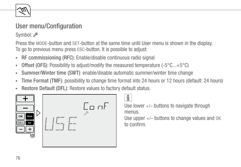 User menu/configuration | TFC Group Feeling RF Room Thermostat User Manual | Page 36 / 42