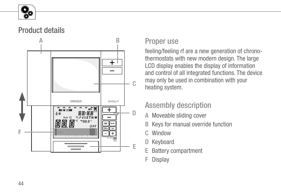 Proper use, Assembly description, Product details | TFC Group Feeling RF Room Thermostat User Manual | Page 4 / 42