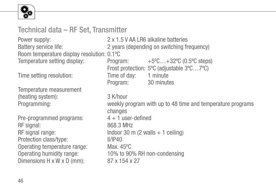 Technical data – rf set, transmitter | TFC Group Feeling RF Room Thermostat User Manual | Page 6 / 42