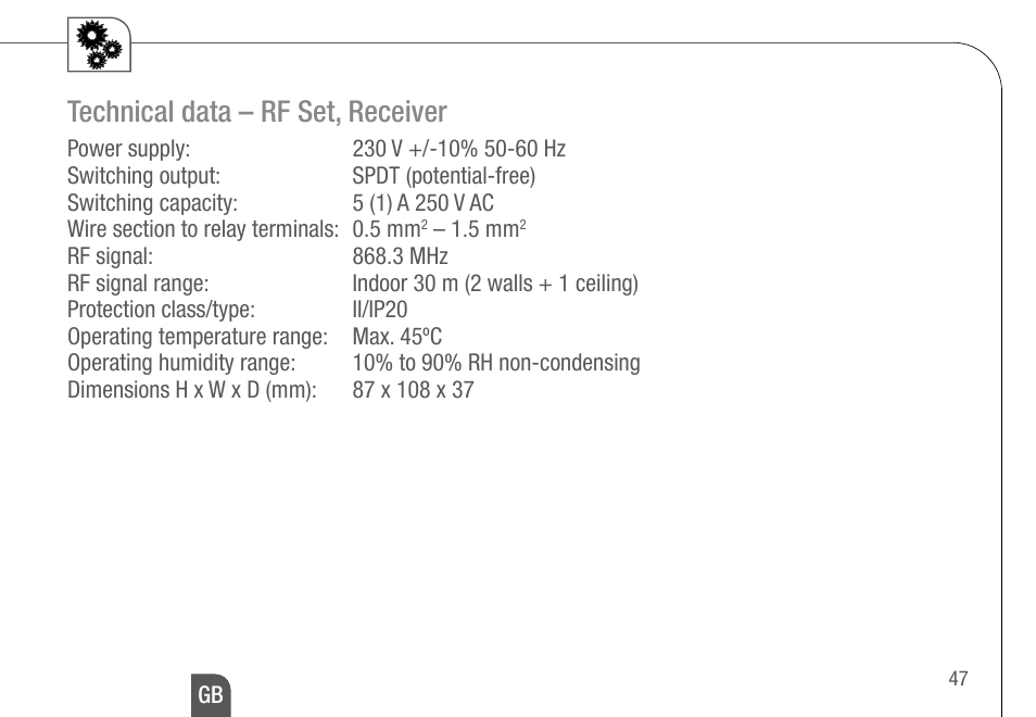 Technical data – rf set, receiver | TFC Group Feeling RF Room Thermostat User Manual | Page 7 / 42