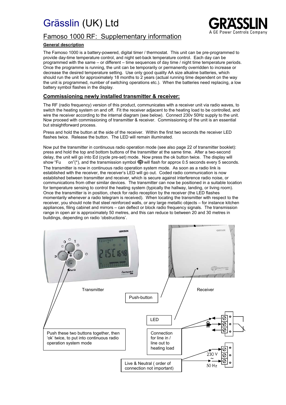 Grässlin (uk) ltd, Famoso 1000 rf: supplementary information | TFC Group Famoso 1000 (Hard Wired) User Manual | Page 2 / 3