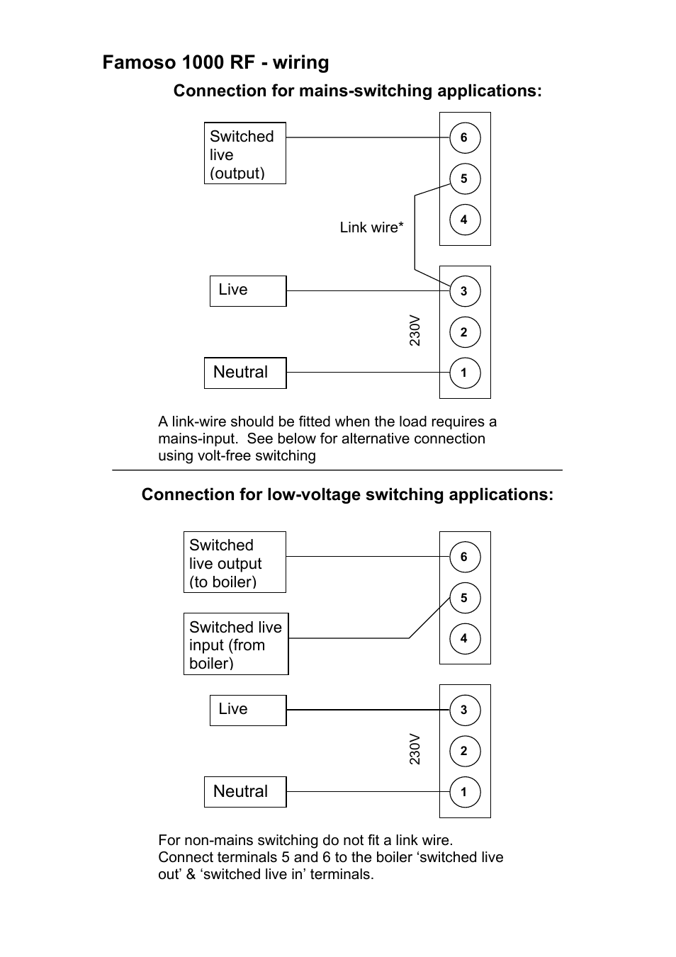 Famoso 1000 rf - wiring, Neutral, Connection for mains-switching applications | Connection for low-voltage switching applications | TFC Group Famoso 1000 (Hard Wired) User Manual | Page 3 / 3