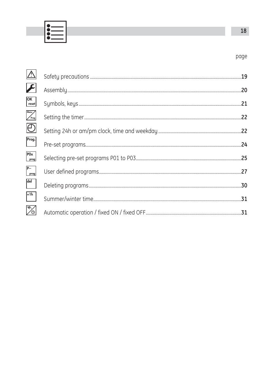 18 page safety precautions assembly, Symbols, keys, Pre-set programs | Selecting pre-set programs p01 to p03, User defined programs, Deleting programs | TFC Group Tactic 371.1 Plus Digital Timeswitch User Manual | Page 2 / 15