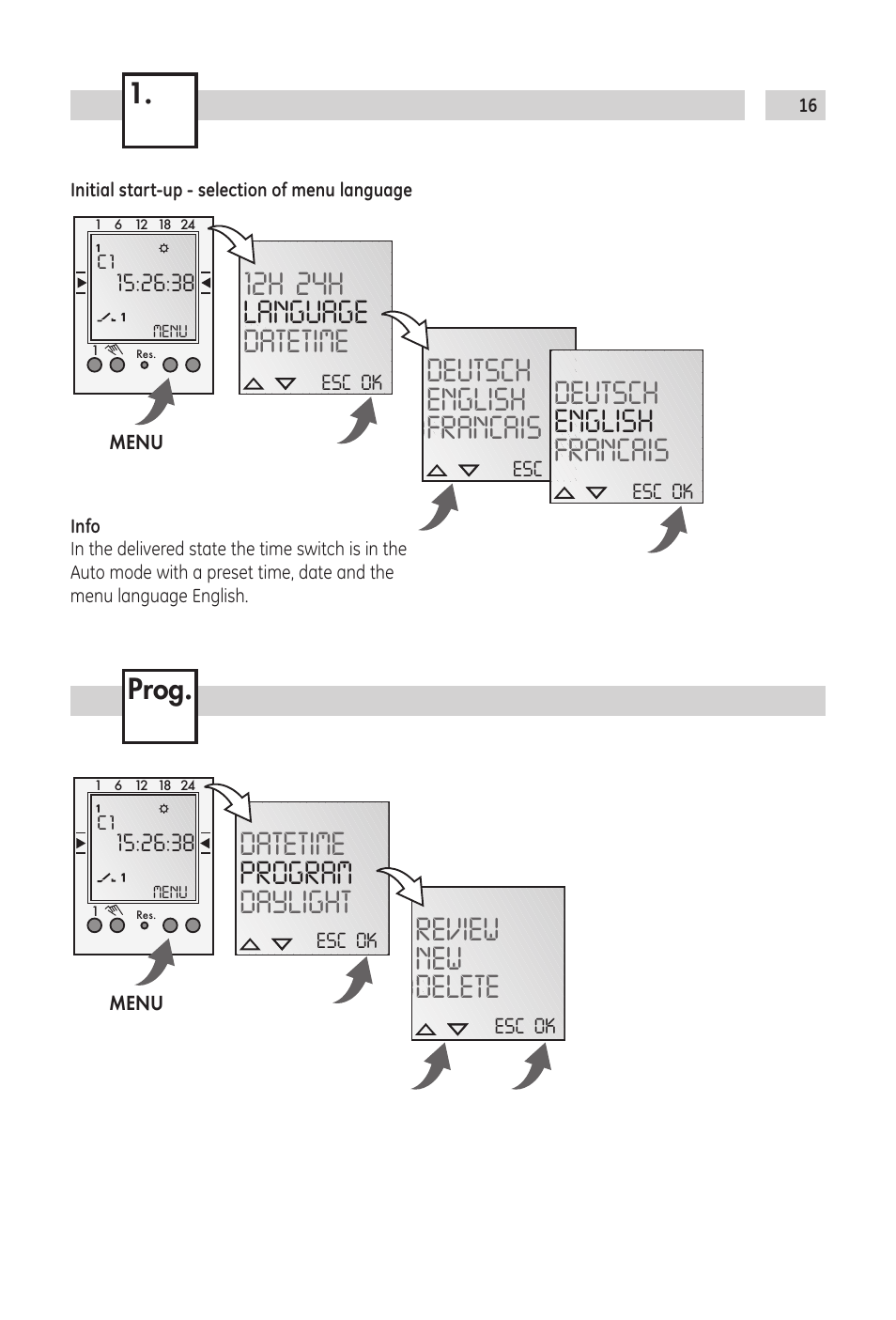 Deutsch english francais, 12h 24h language datetime, Datetime program daylight | Review new delete, Prog | TFC Group Tactic 572.1 Plus (2 Channel) Digital Timeswitch User Manual | Page 5 / 10