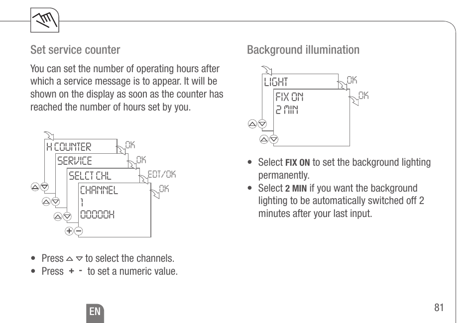 Set service counter, Background illumination | TFC Group Talento 892 Plus User Manual | Page 38 / 43