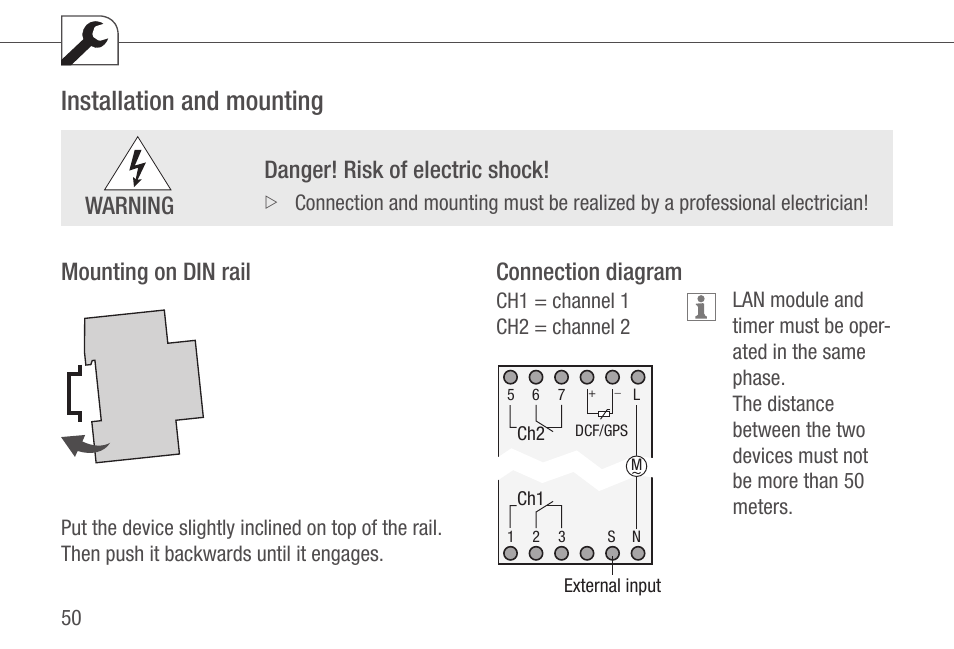 Installation and mounting, Mounting on din rail connection diagram, Danger! risk of electric shock | Warning | TFC Group Talento 892 Plus User Manual | Page 7 / 43