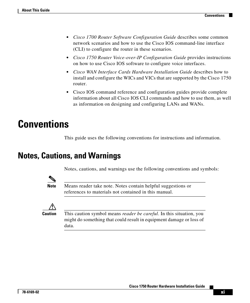 Conventions, Notes, cautions, and warnings | Cisco 1750 User Manual | Page 3 / 6