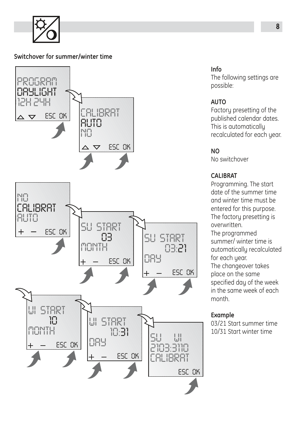 Calibrat auto no, Program daylight 12h 24h, Su start 03 month | No calibrat auto, Su start 03: 21 day, Wi start 10 month, Wi start 10: 31 day | TFC Group Talento 372 Plus User Manual | Page 8 / 9