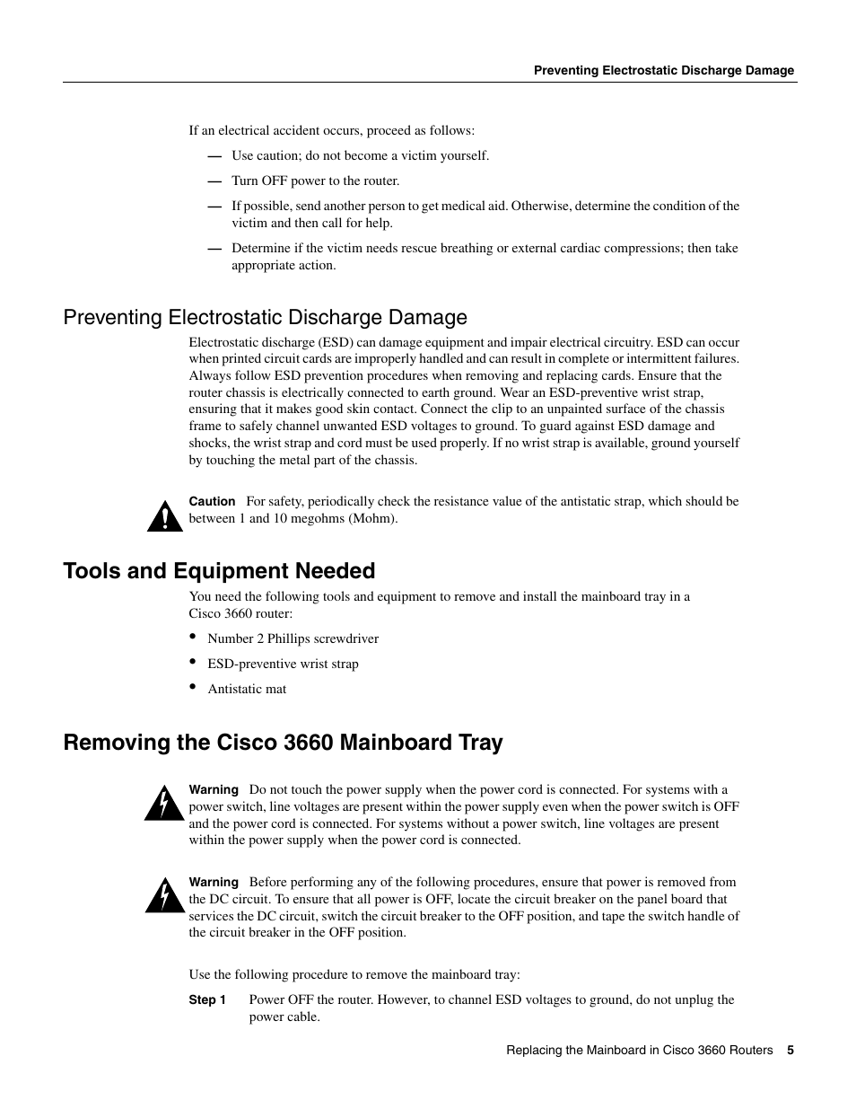 Tools and equipment needed, Removing the cisco 3660 mainboard tray, Preventing electrostatic discharge damage | Cisco 3660 User Manual | Page 5 / 10