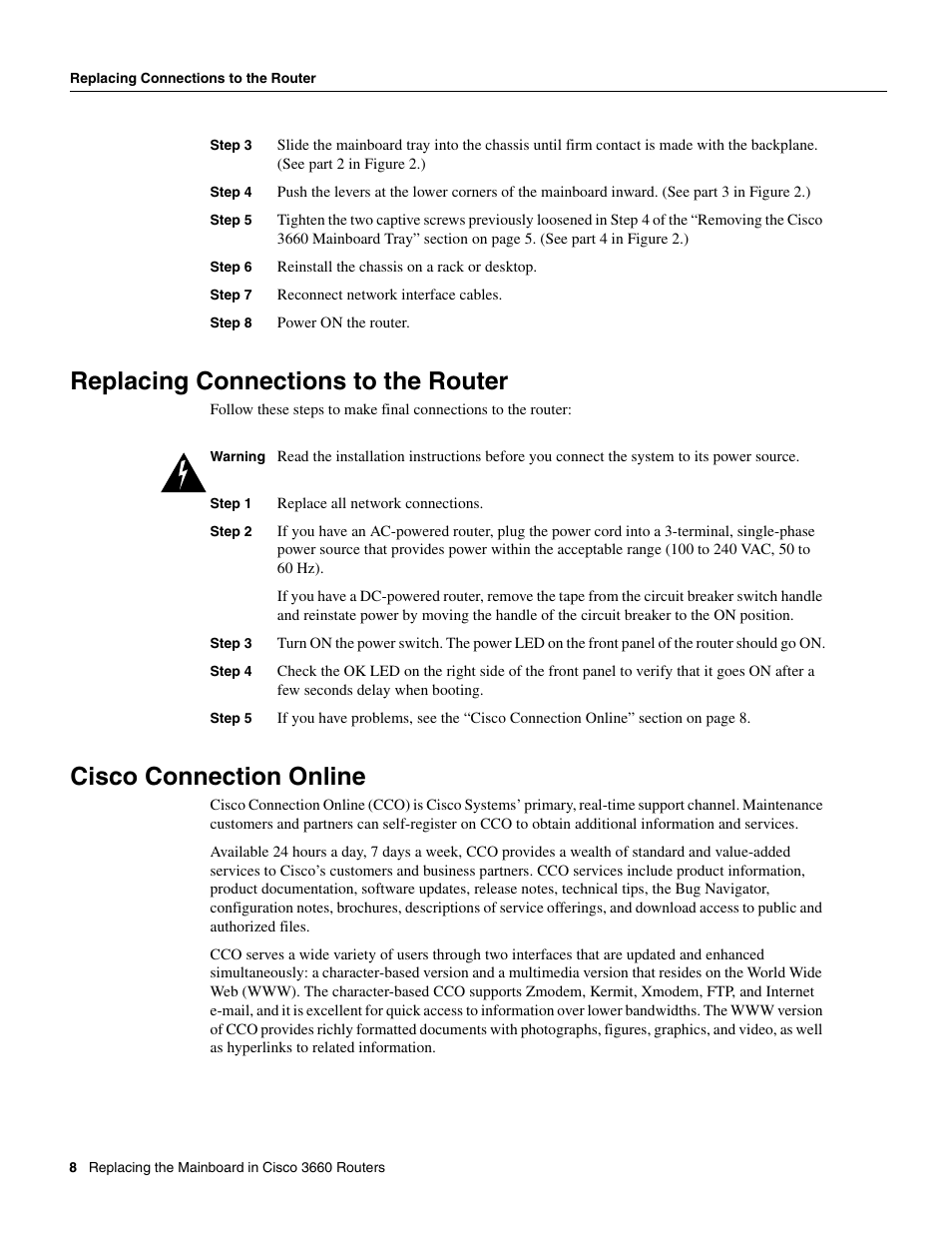 Replacing connections to the router, Cisco connection online | Cisco 3660 User Manual | Page 8 / 10