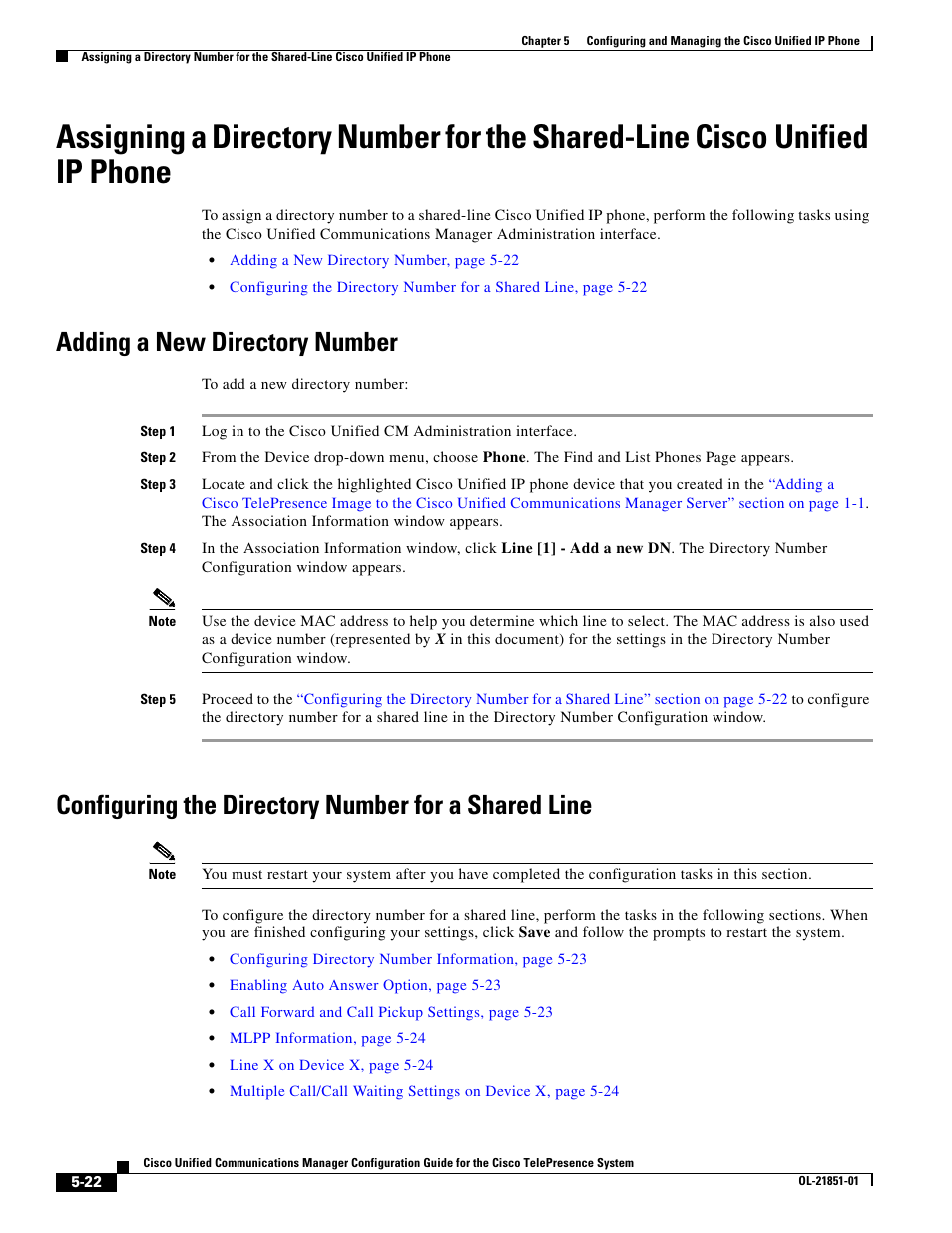 Adding a new directory number, Configuring the directory number for a shared line | Cisco OL-21851-01 User Manual | Page 22 / 30